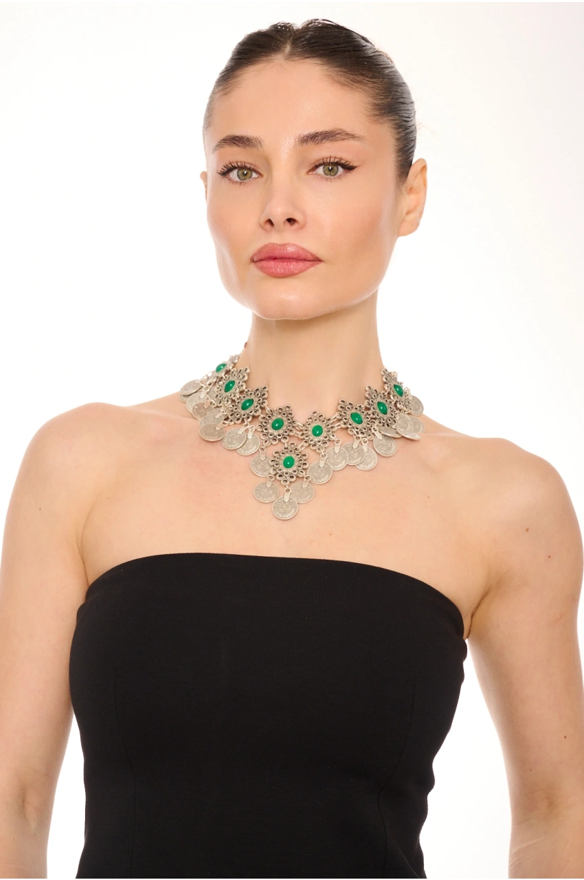 Kiraz Green Stoned Silver Plated Necklace