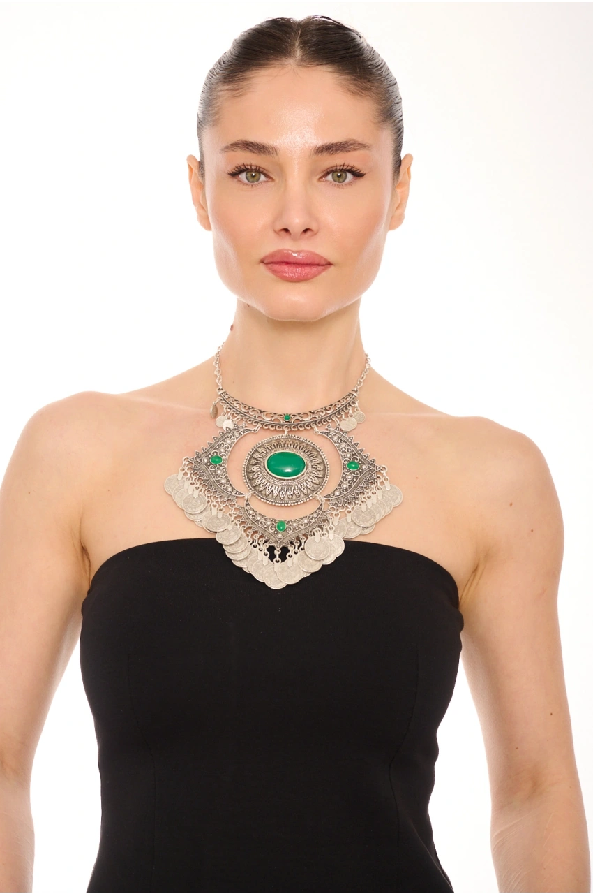 Kiraz Green Stoned Silver Plated Necklace
