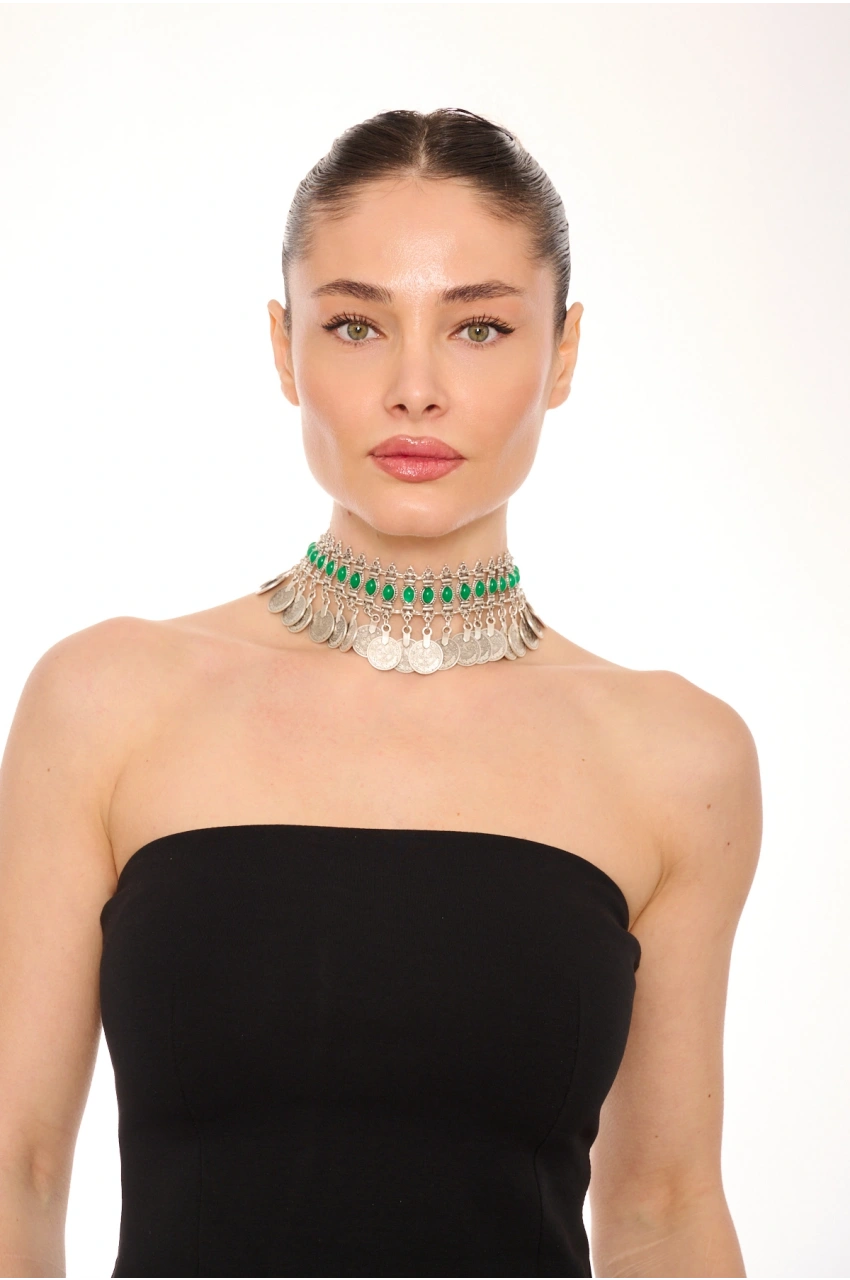 Kiraz Green Stoned Silver Plated Necklace