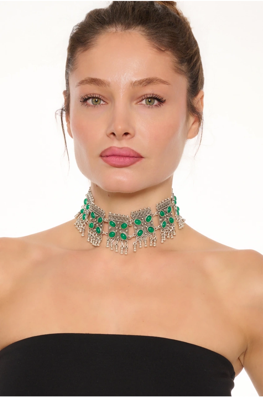 Kiraz Green Stoned Silver Plated Necklace