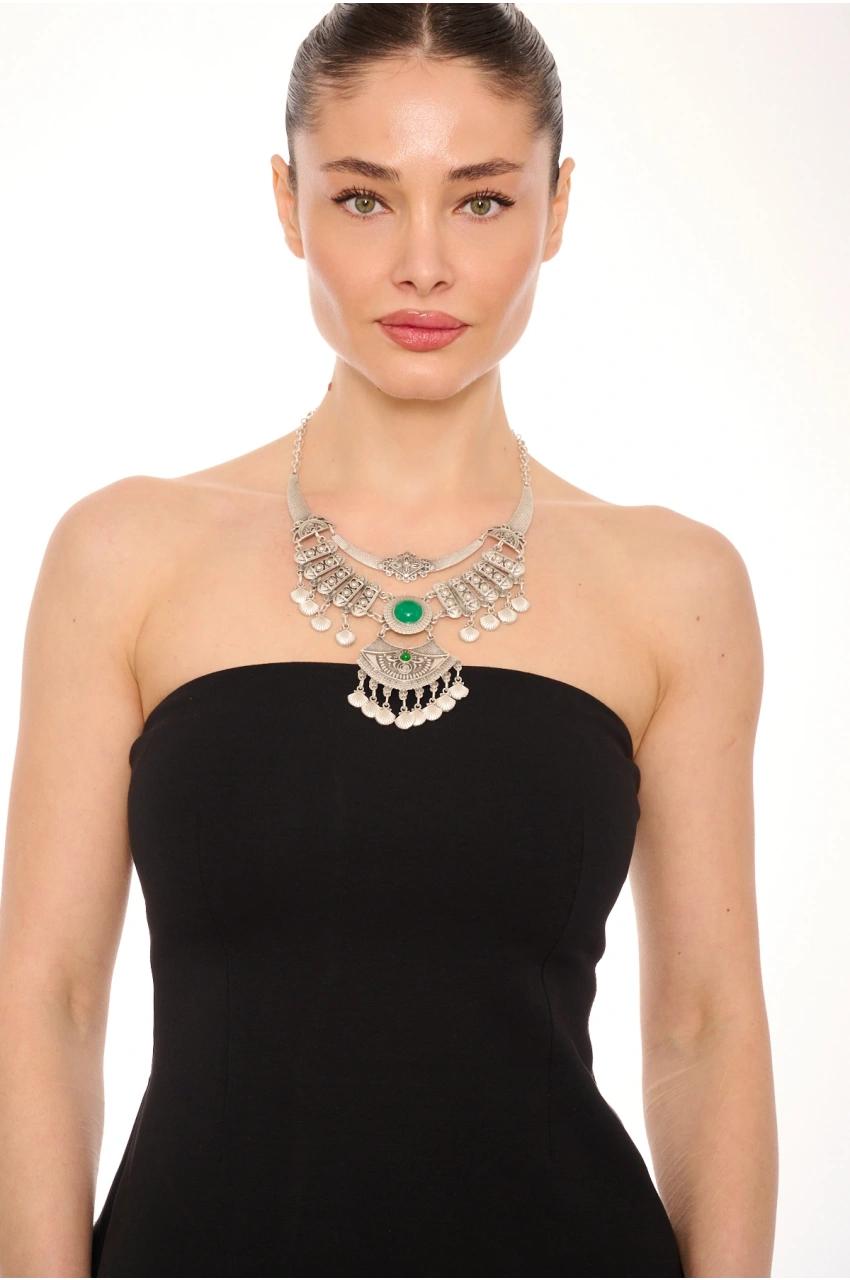 Kiraz Green Stoned Silver Plated Necklace