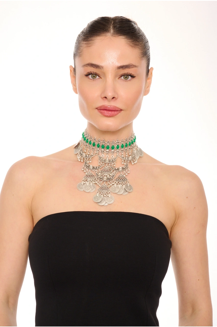 Kiraz Green Stoned Silver Plated Necklace
