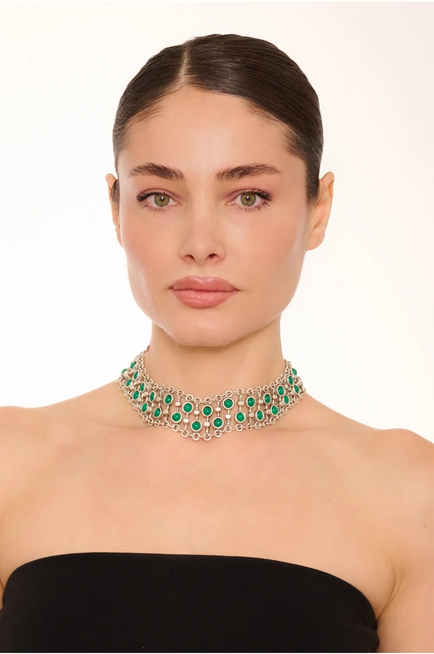 Kiraz Green Stoned Silver Plated Necklace