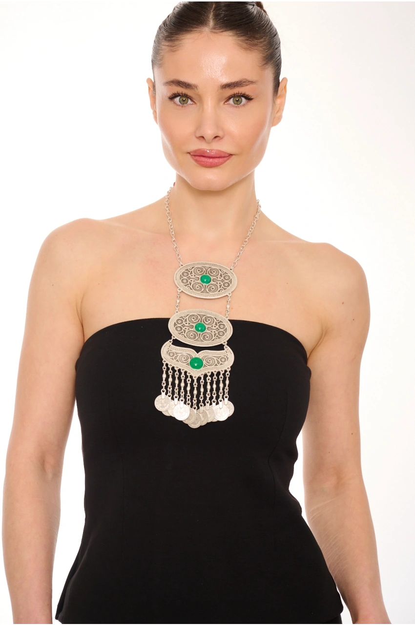 Kiraz Green Stoned Silver Plated Necklace