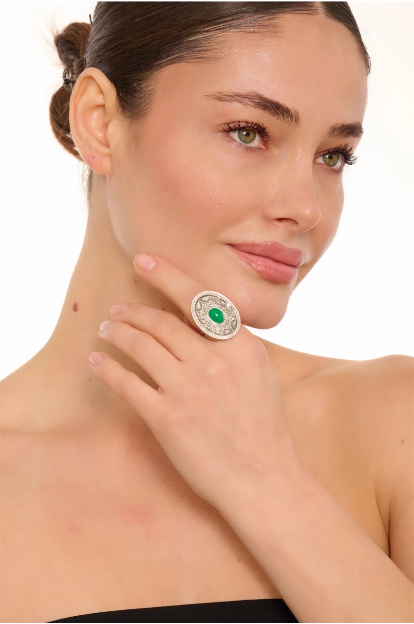 Kiraz Green Stoned Silver Plated Ring