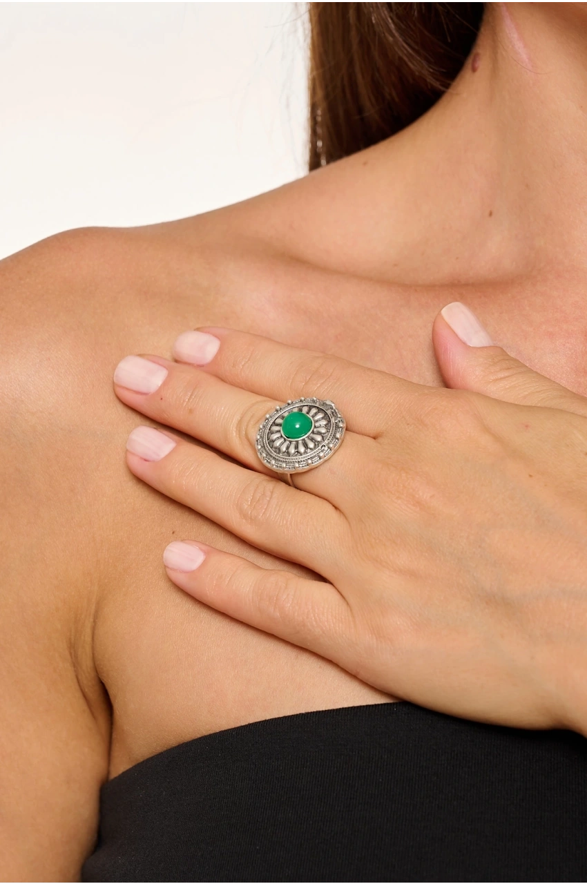 Kiraz Green Stoned Silver Plated Ring
