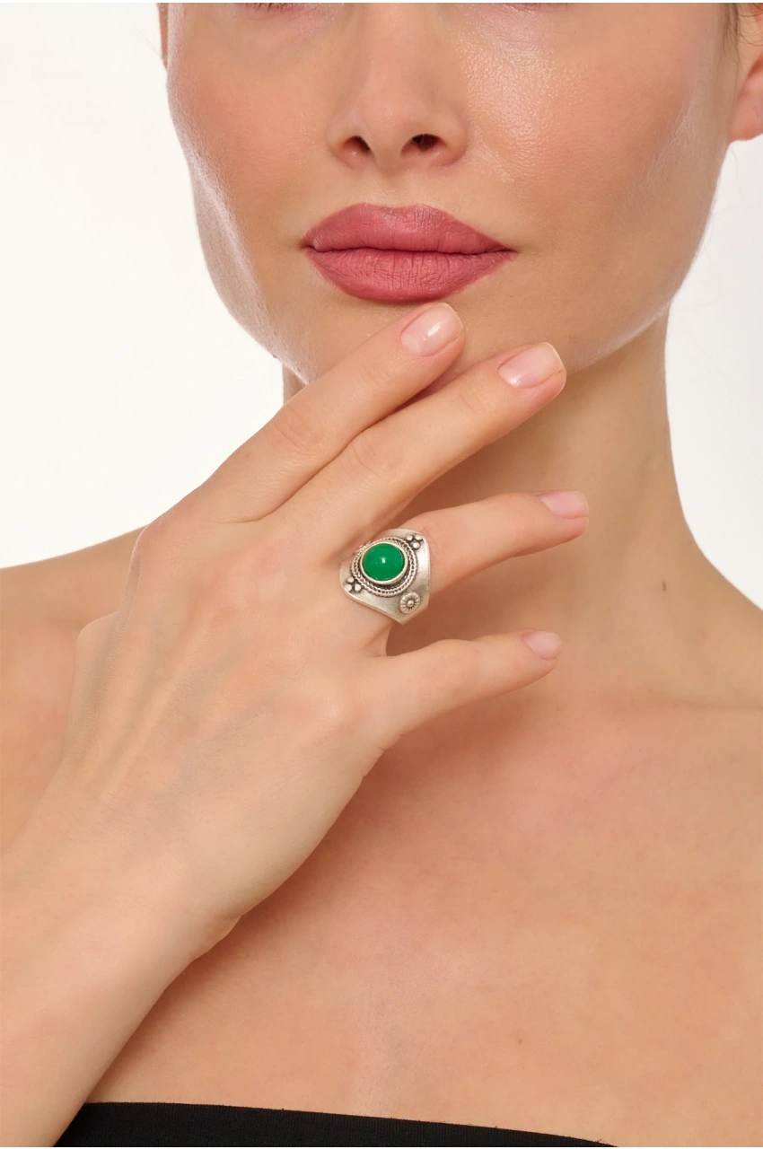 Kiraz Green Stoned Silver Plated Ring