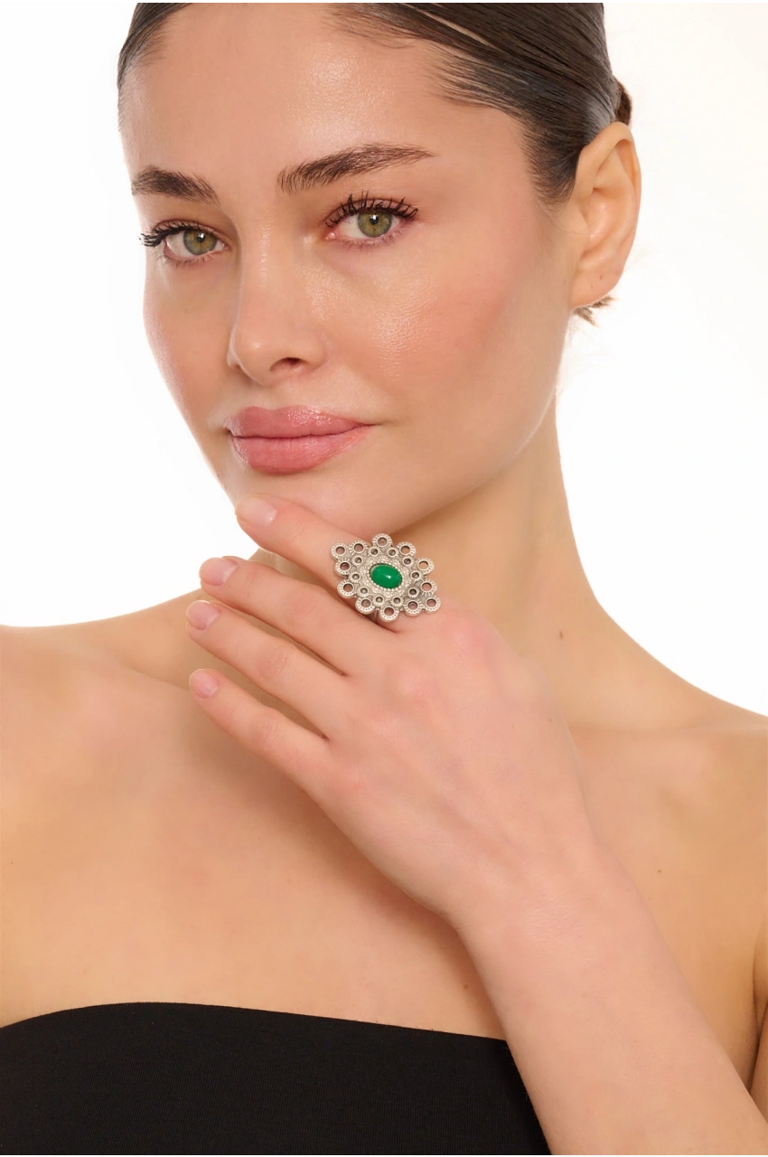 Kiraz Green Stoned Silver Plated Ring