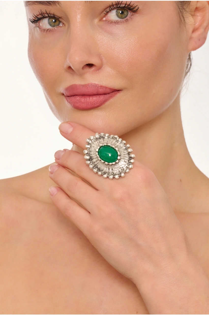 Kiraz Green Stoned Silver Plated Ring