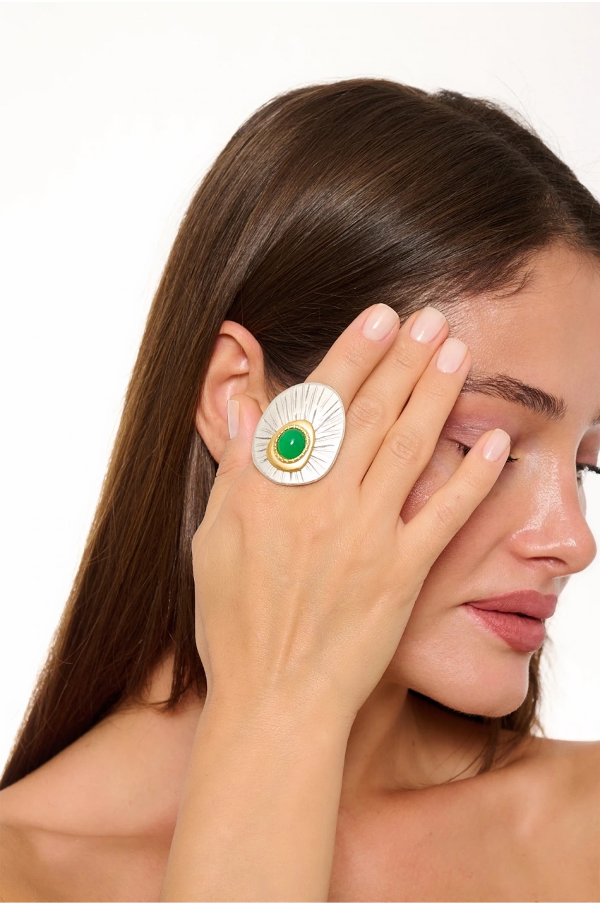 Kiraz Green Stoned Silver Plated Ring