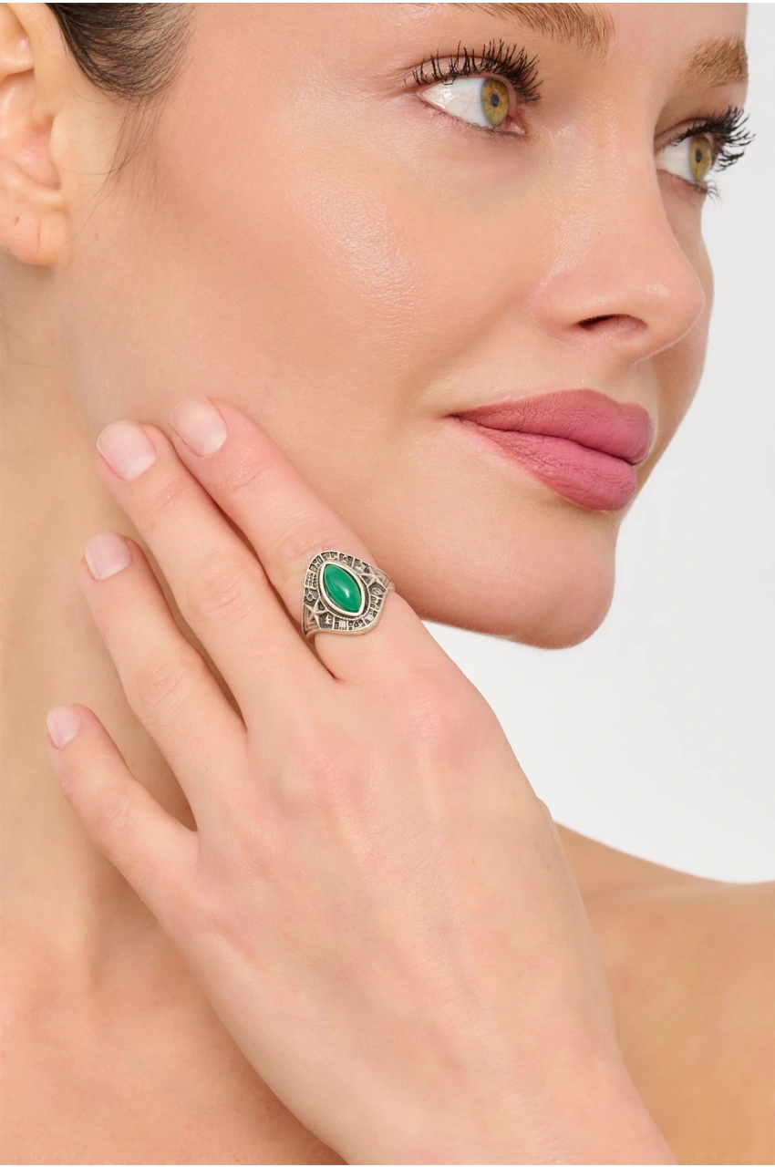 Kiraz Green Stoned Silver Plated Ring