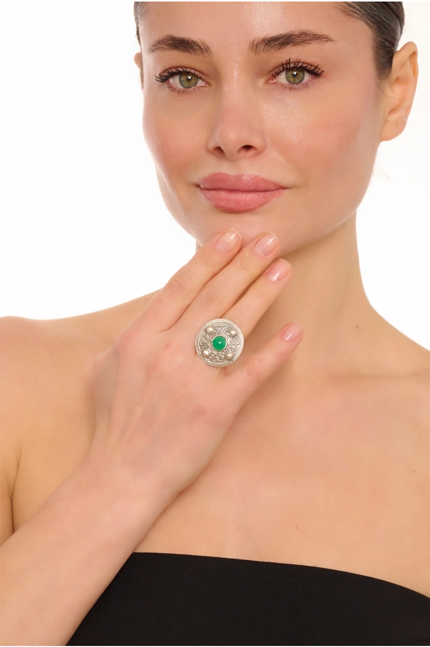 Kiraz Green Stoned Silver Plated Ring