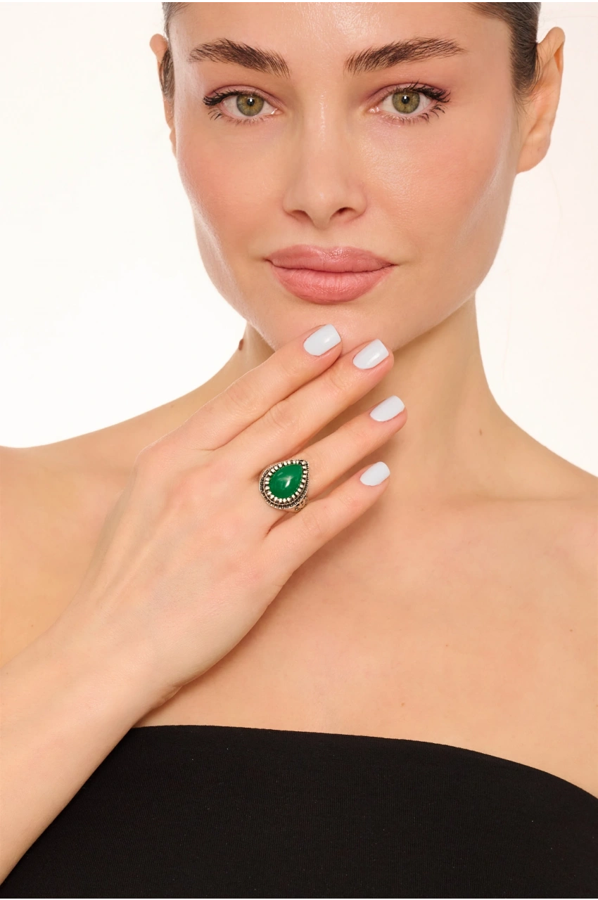 Kiraz Green Stoned Silver Plated Drop Ring