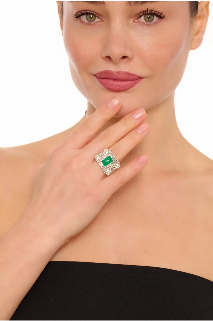 Kiraz Green Stoned Silver Plated Ring