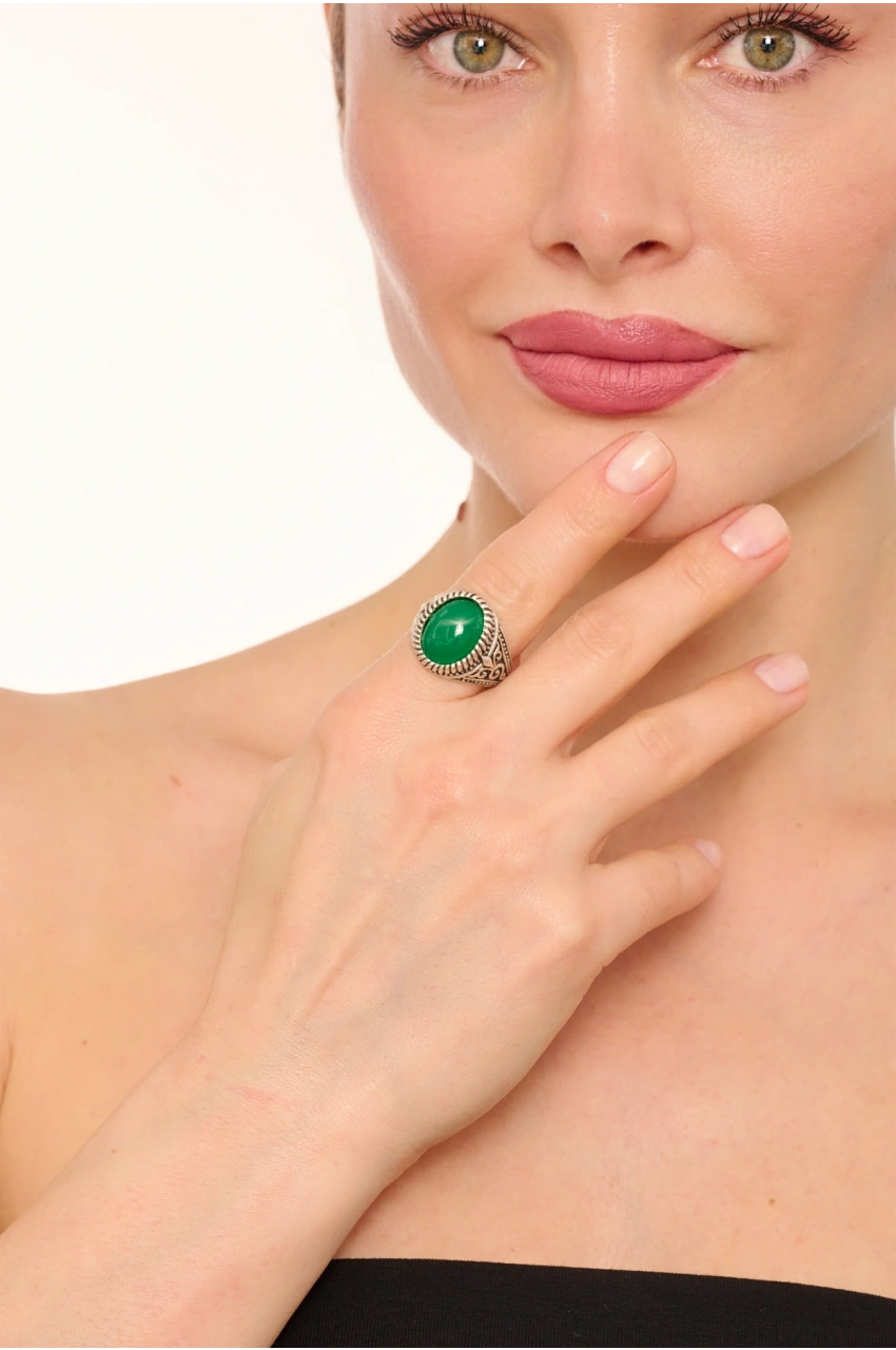 Kiraz Green Stoned Silver Plated Ring