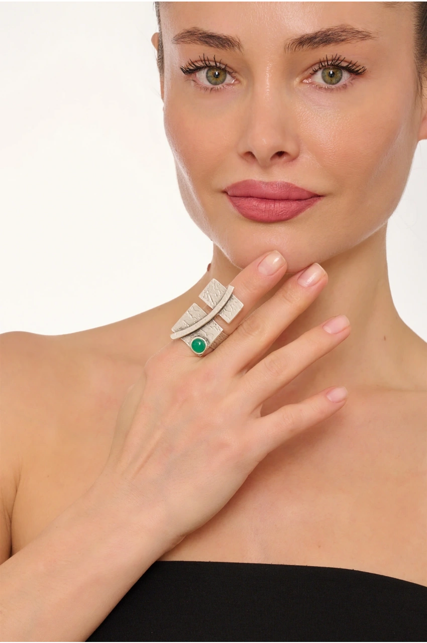 Kiraz Green Stoned Silver Plated Ring