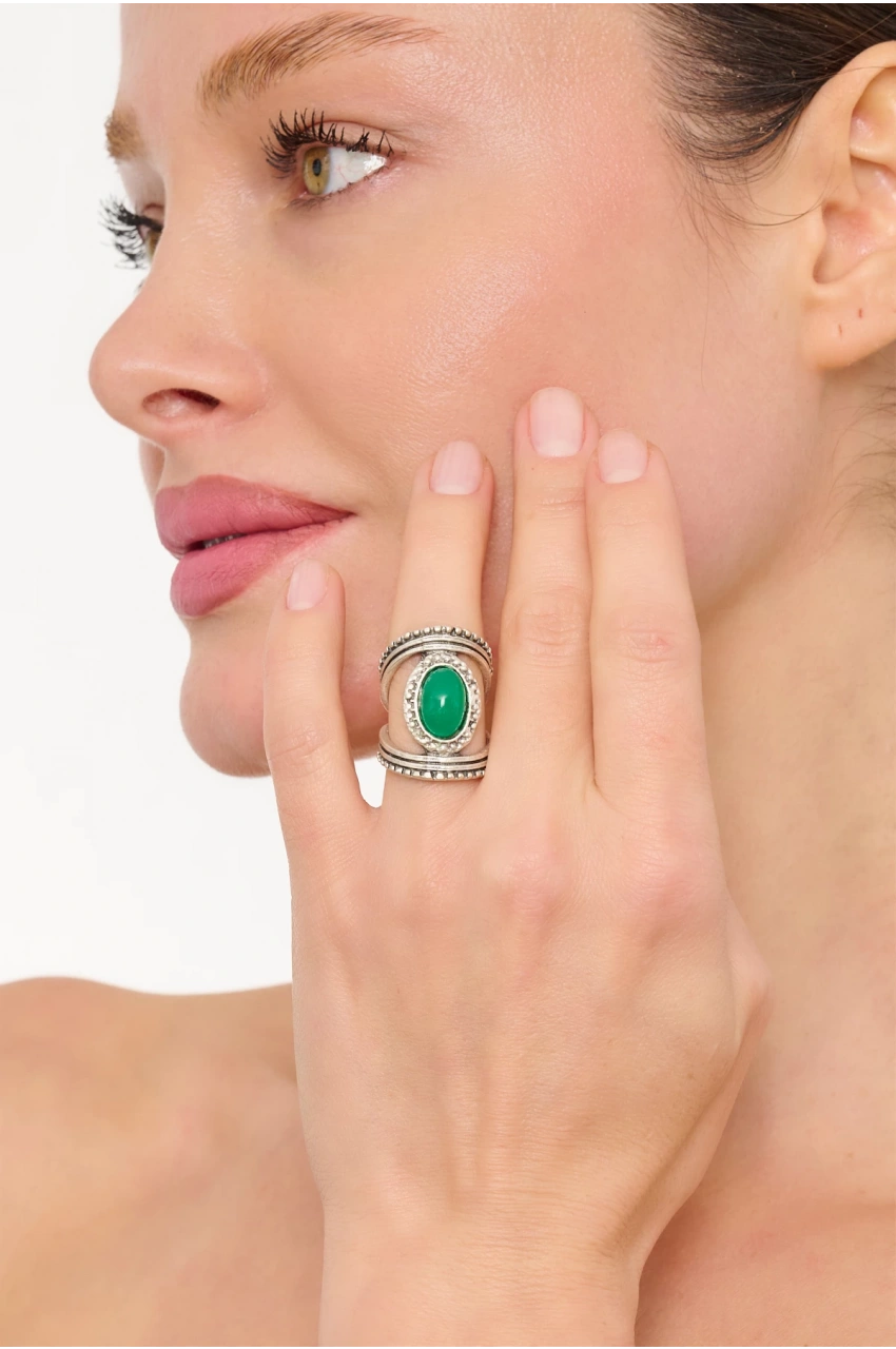 Kiraz Green Stoned Silver Plated Ring