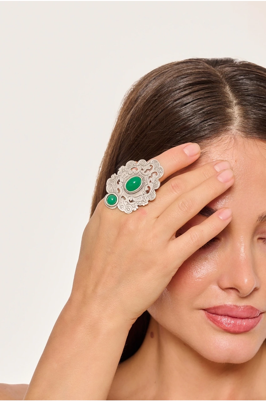 Kiraz Green Stoned Silver Plated Ring