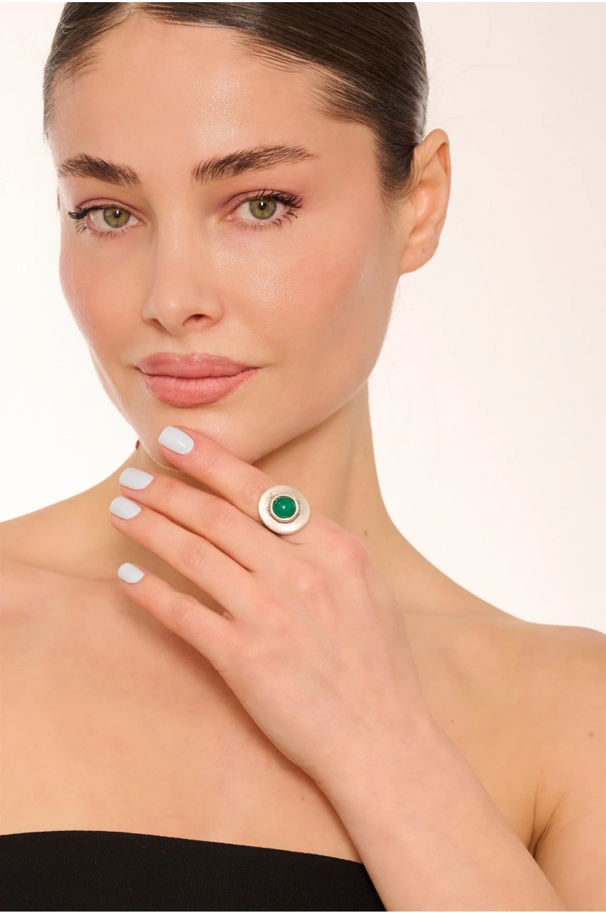 Kiraz Green Stoned Silver Plated Ring