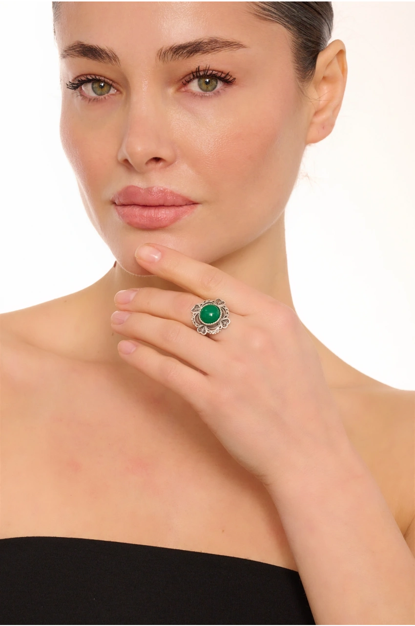 Kiraz Green Stoned Silver Plated Ring