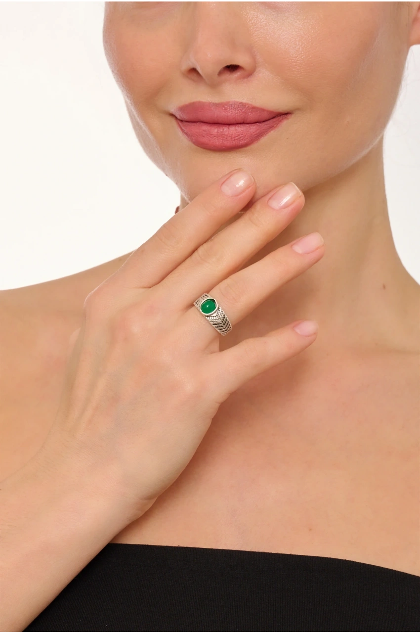 Kiraz Green Stoned Silver Plated Ring