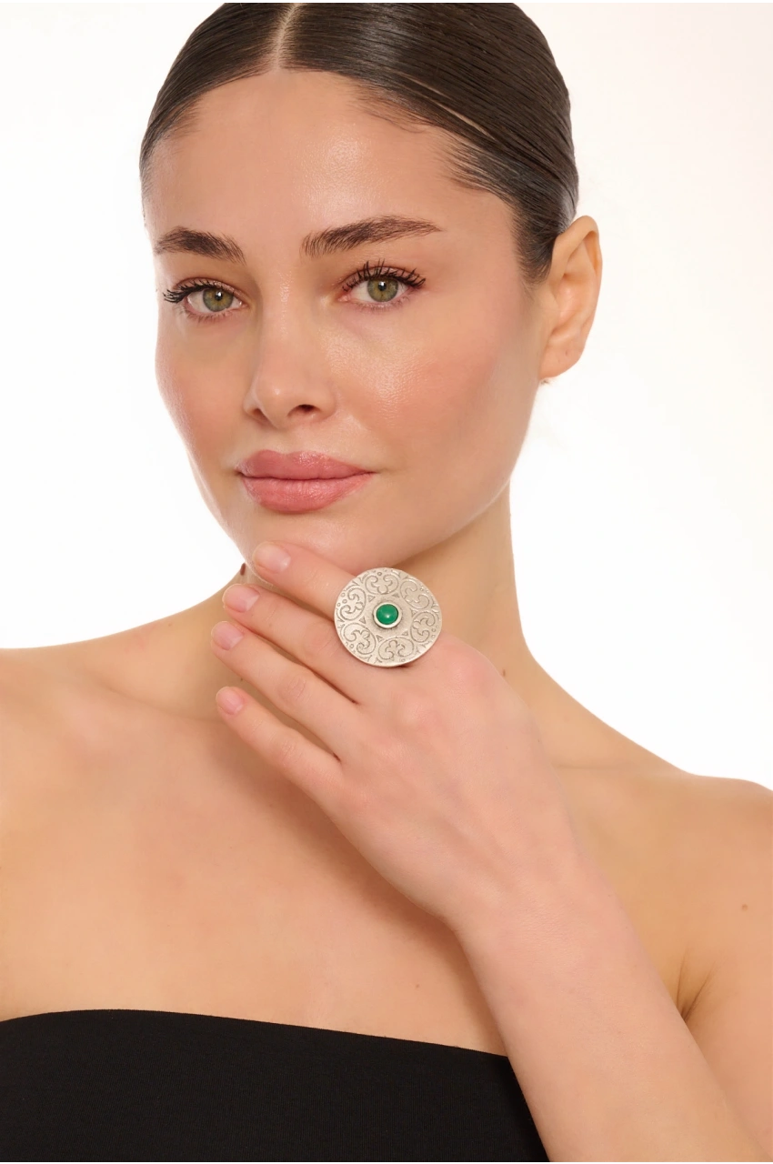 Kiraz Green Stoned Silver Plated Ring