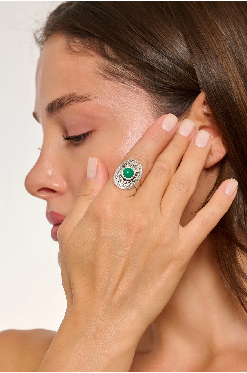 Kiraz Green Stoned Silver Plated Ring