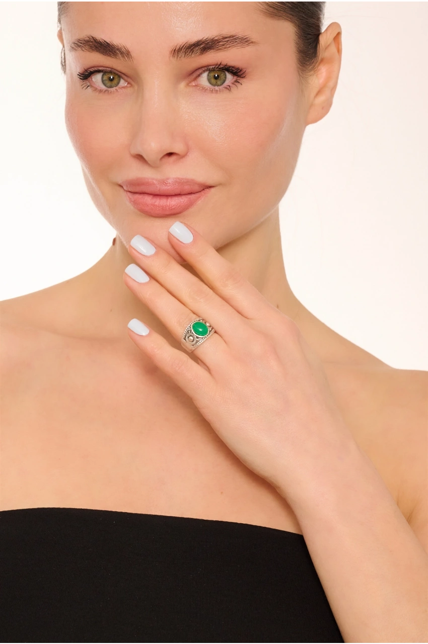 Kiraz Green Stoned Silver Plated Ring
