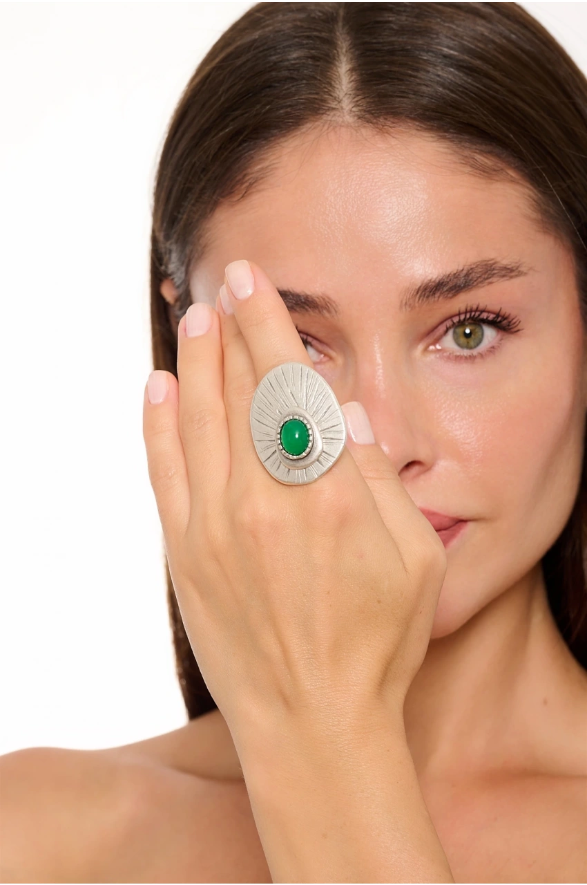 Kiraz Green Stoned Silver Plated Ring