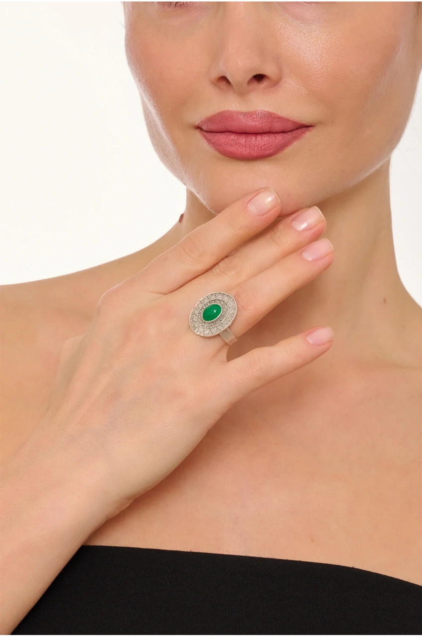 Kiraz Green Stoned Silver Plated Ring