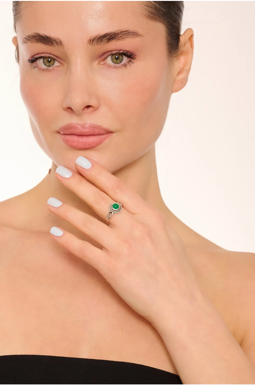 Kiraz Green Stoned Silver Plated Ring