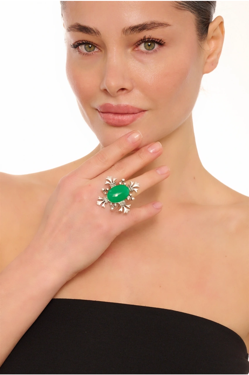 Kiraz Green Stoned Silver Plated Ring