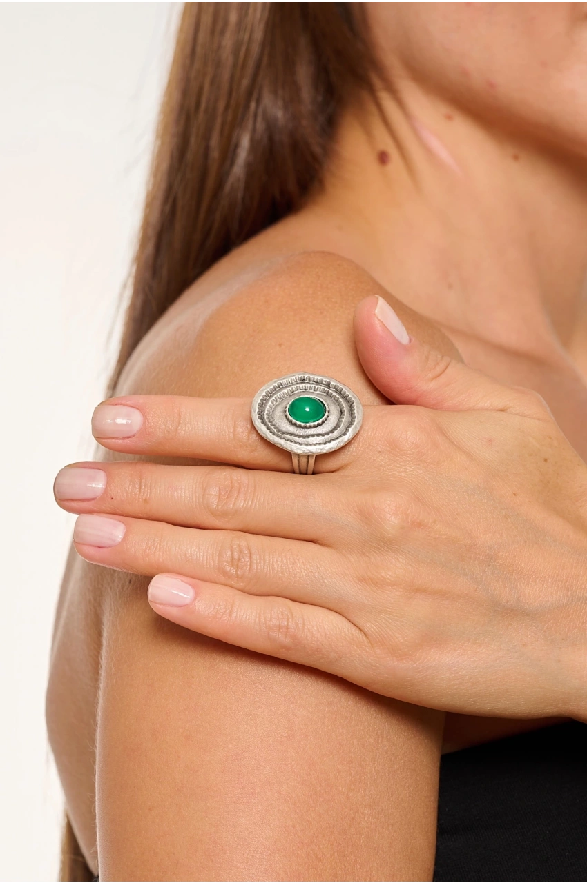 Kiraz Green Stoned Silver Plated Ring