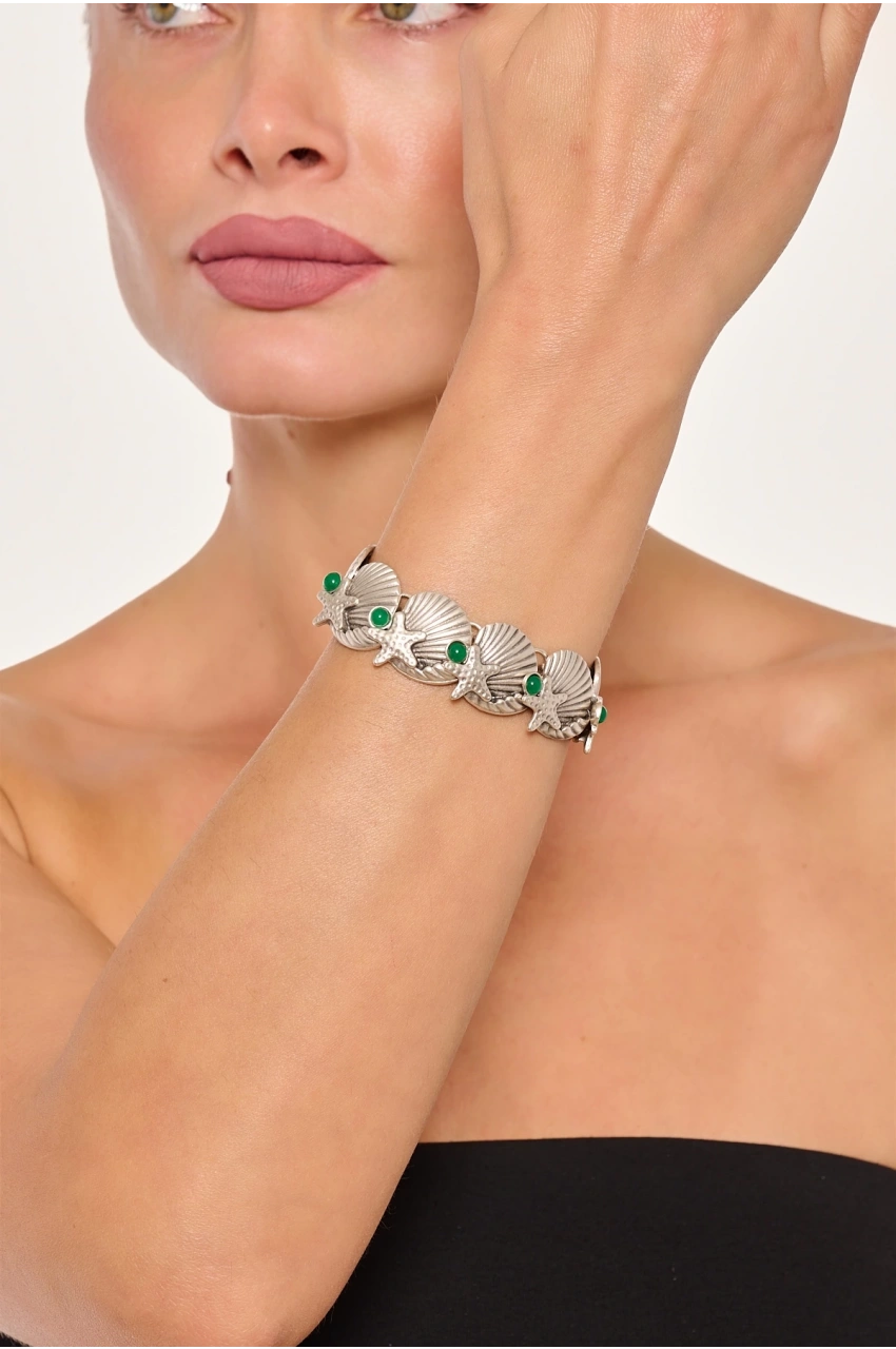 Kiraz Green Stoned Silver Plated Seashell Bracelet