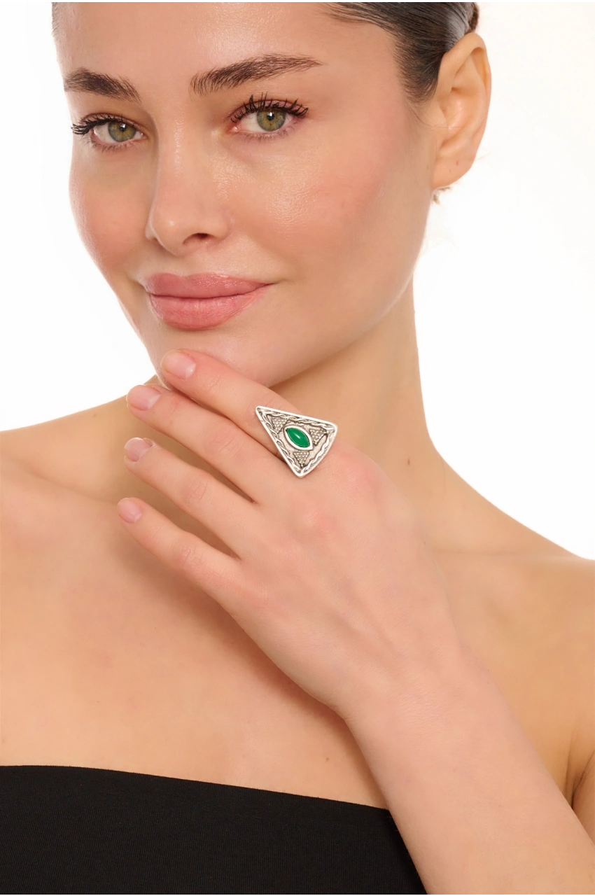 Kiraz Green Stoned Silver Plated Triangle Ring