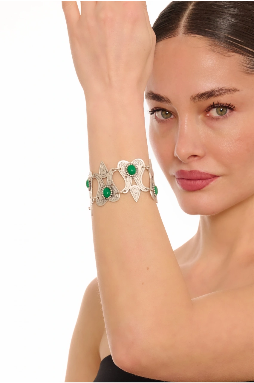 Kiraz Green Stoned Silver Plated Tulip Bracelet