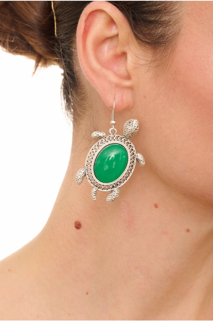 Kiraz Green Stoned Silver Plated Turtle Earring