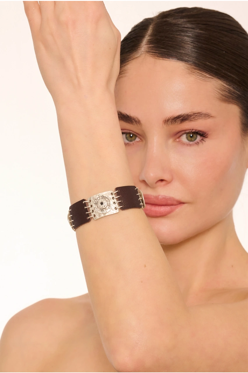 Kiraz Leather Black Crystal Stoned Silver Plated Bracelet