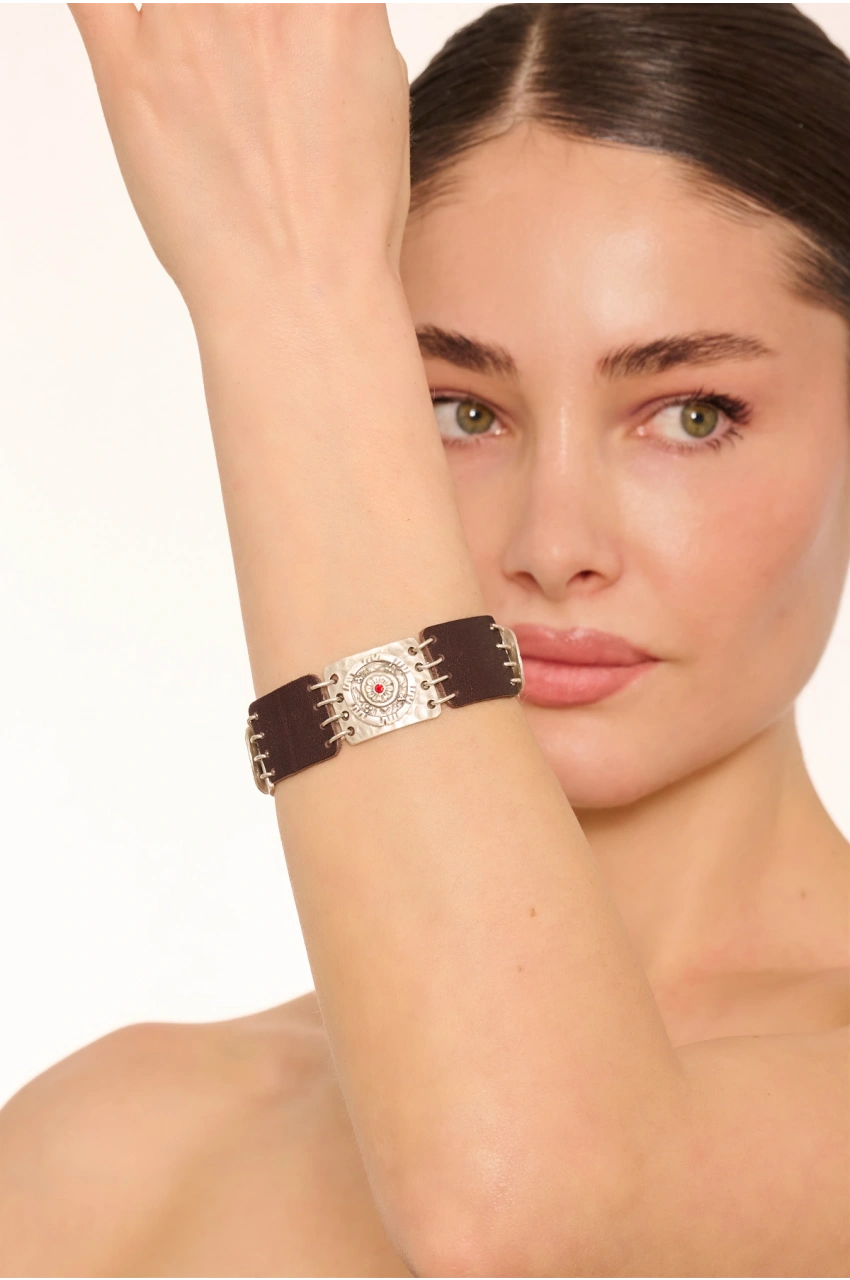 Kiraz Leather Burgundy Crystal Stoned Silver Plated Bracelet