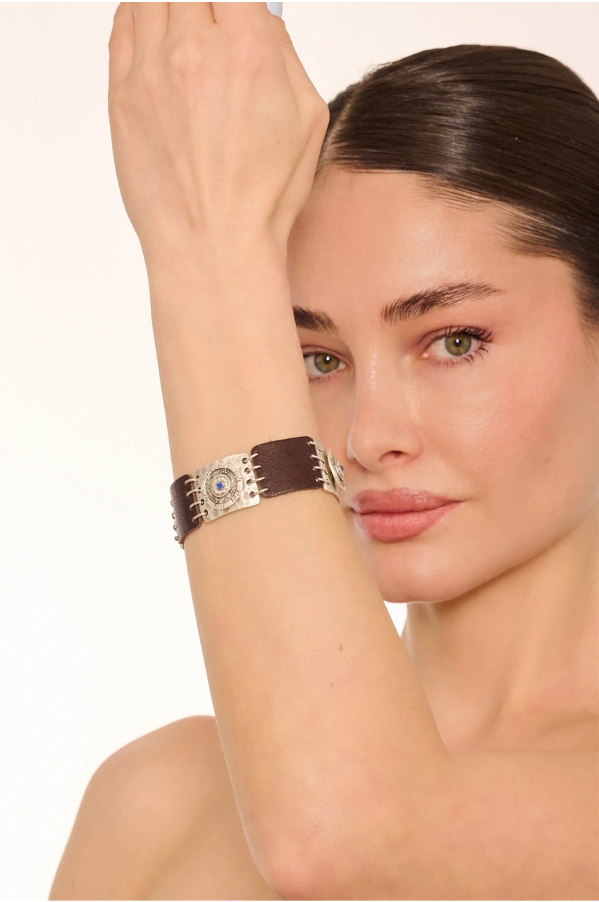 Kiraz Leather Dark Blue Crystal Stoned Silver Plated Bracelet