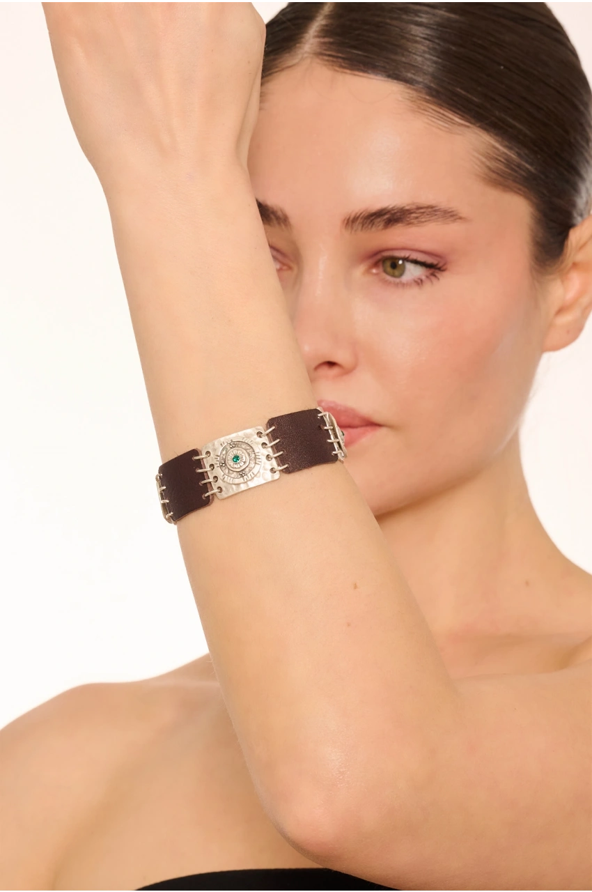 Kiraz Leather Emerald Crystal Stoned Silver Plated Bracelet