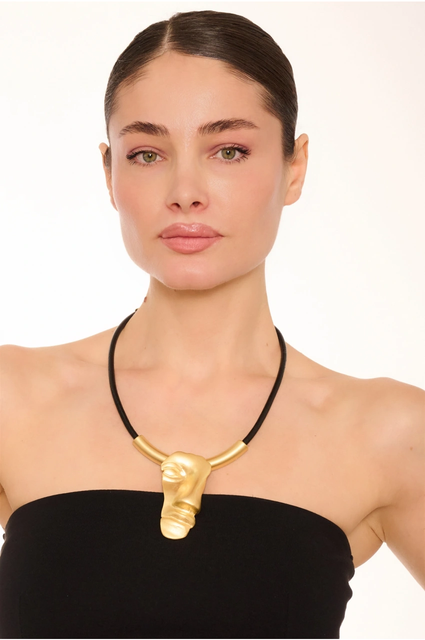 Kiraz Leather Gold Plated Face Necklace