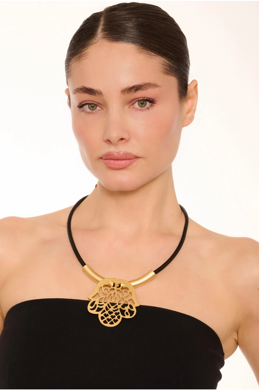 Kiraz Leather Gold Plated Fatmas Hand Necklace