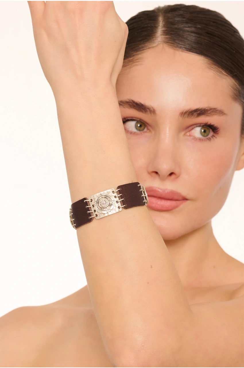 Kiraz Leather Pink Crystal Stoned Silver Plated Bracelet