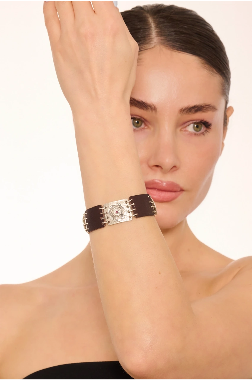 Kiraz Leather Purple Crystal Stoned Silver Plated Bracelet