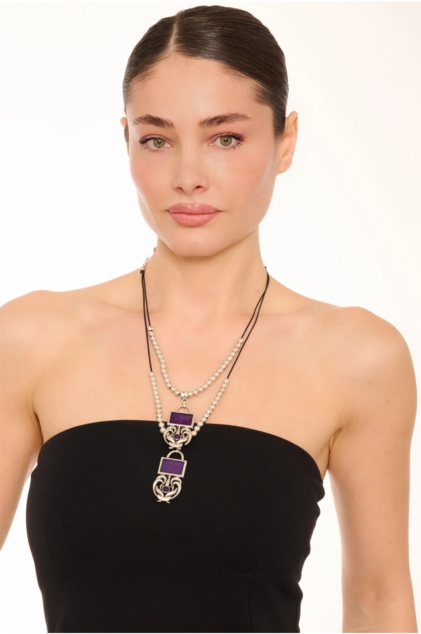 Kiraz Leather Purple Enameled Silver Plated Necklace