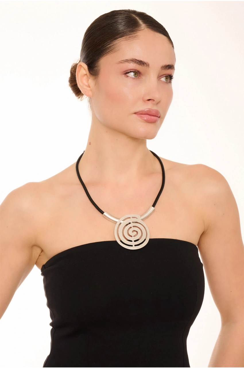 Kiraz Leather Silver Plated Spiral Necklace