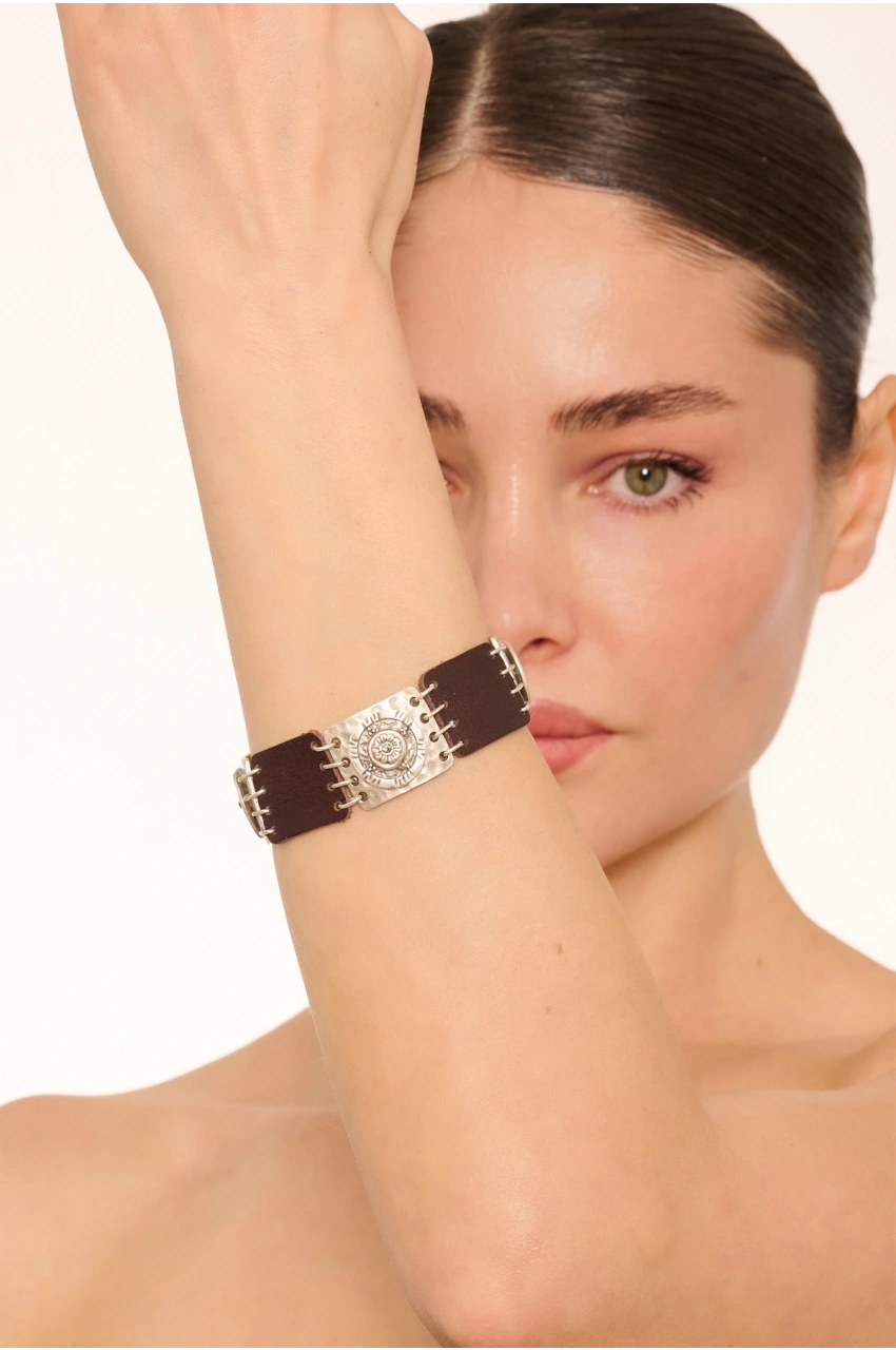 Kiraz Leather Smoked Crystal Stoned Silver Plated Bracelet