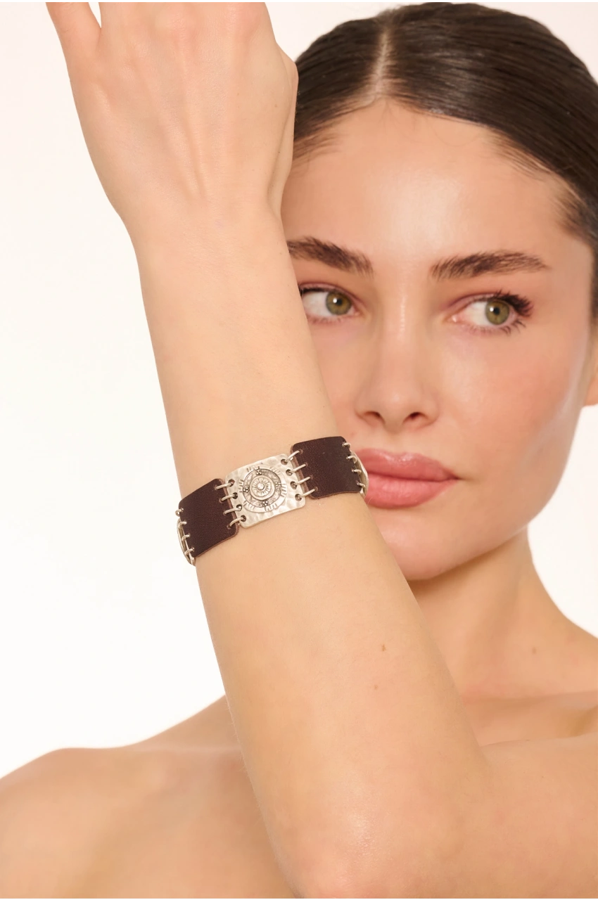 Kiraz Leather White Crystal Stoned Silver Plated Bracelet