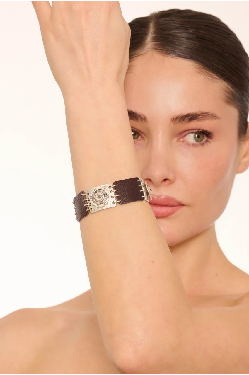 Kiraz LeatherHematite Crystal Stoned Silver Plated Bracelet